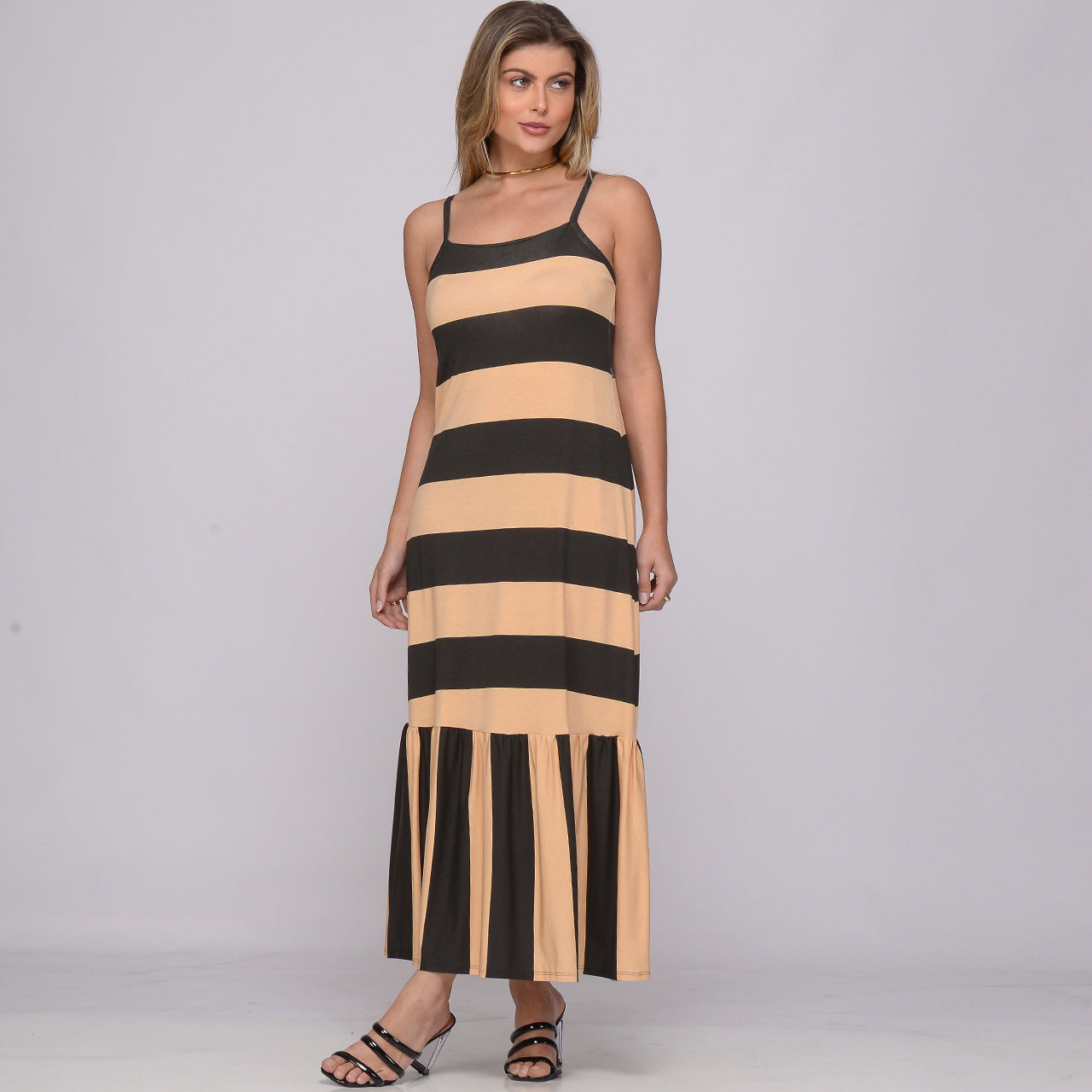 Vestido Longo de Alças Finas e Barra Rodada BBonnie Muriel Listra Bege