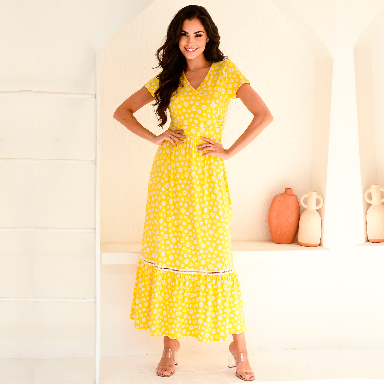 Vestido Longo M/C Barra Guipir BBonnie Adriana Floral Amarelo