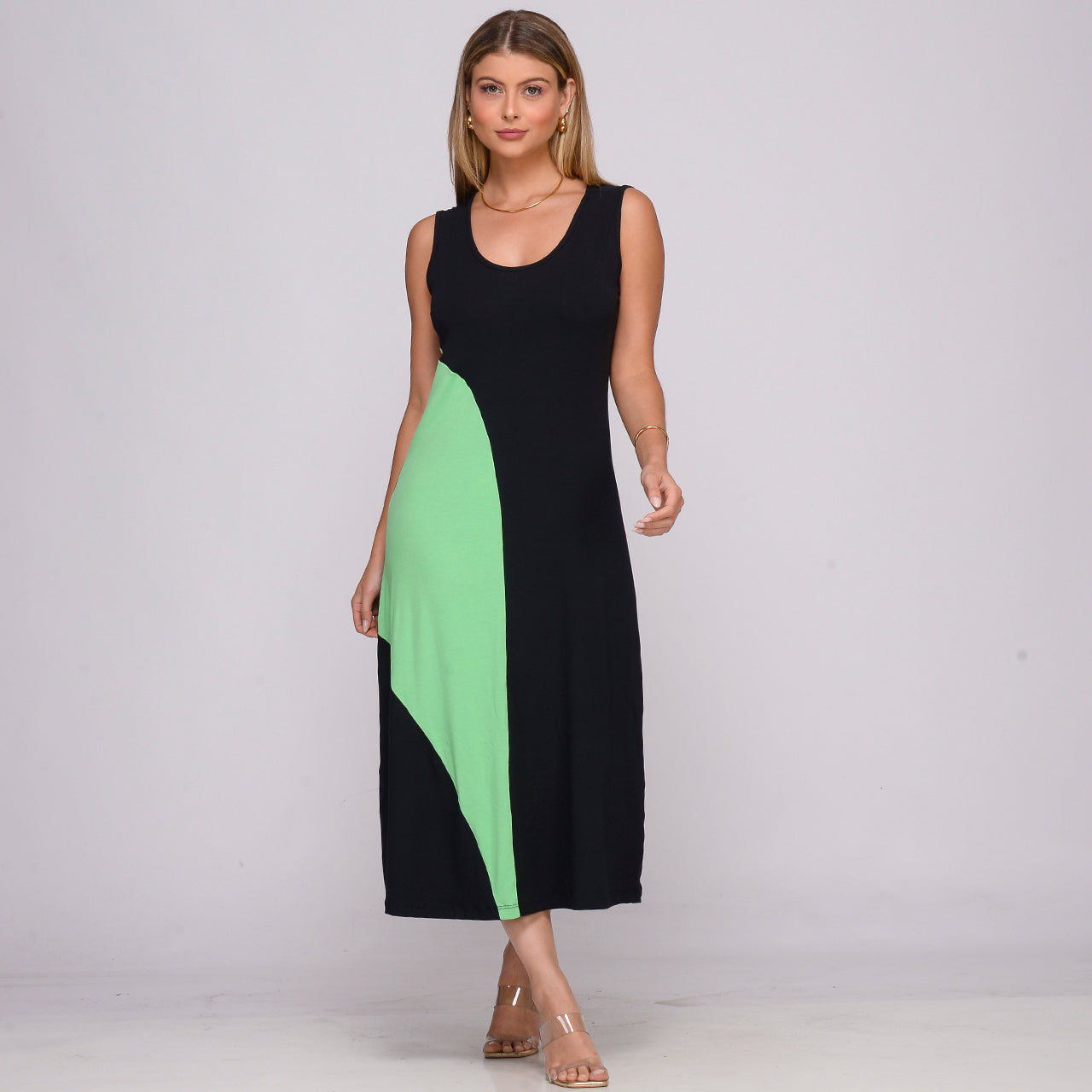 Vestido Midi Alça Larga Regata com Recorte BBonnie Lady Preto/Verde