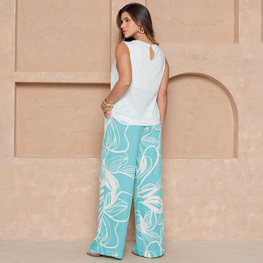 Calça Pantalona em Viscose BBonnie Manu Estampa Jade B'Bonnie