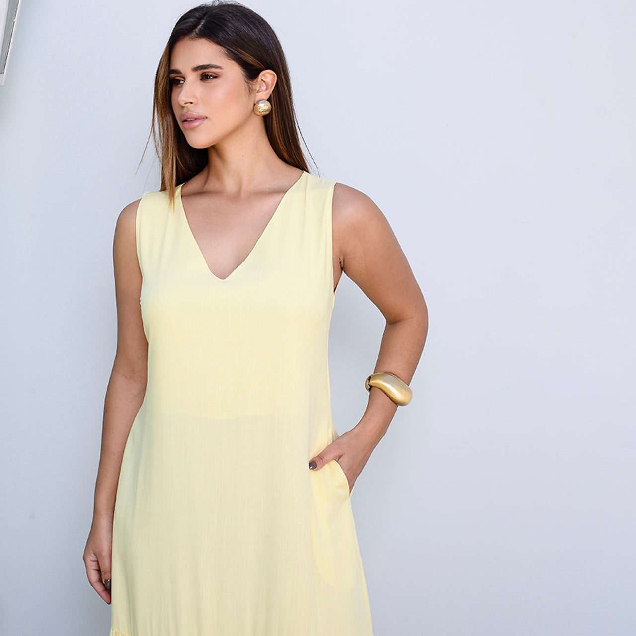 Vestido Longo com Barra Franzida BBonnie Isabelly Amarelo