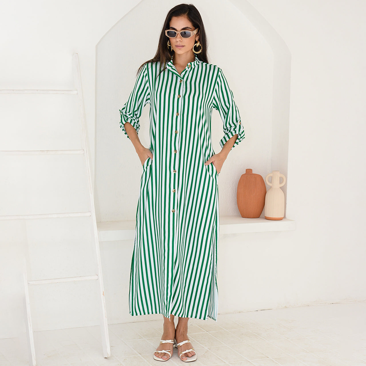 Vestido Chemise Botões M/L B’Bonnie Valentina Listra Verde