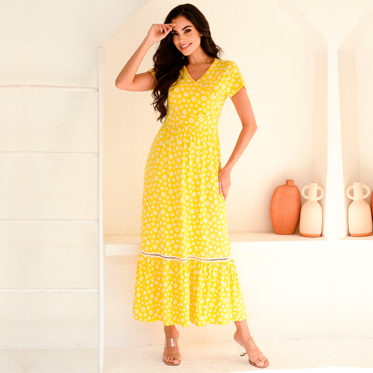 Vestido Longo M/C Barra Guipir BBonnie Adriana Floral Amarelo – B