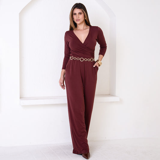 Macacão Pantalona Decote Transpassado BBonnie Florence Marrom