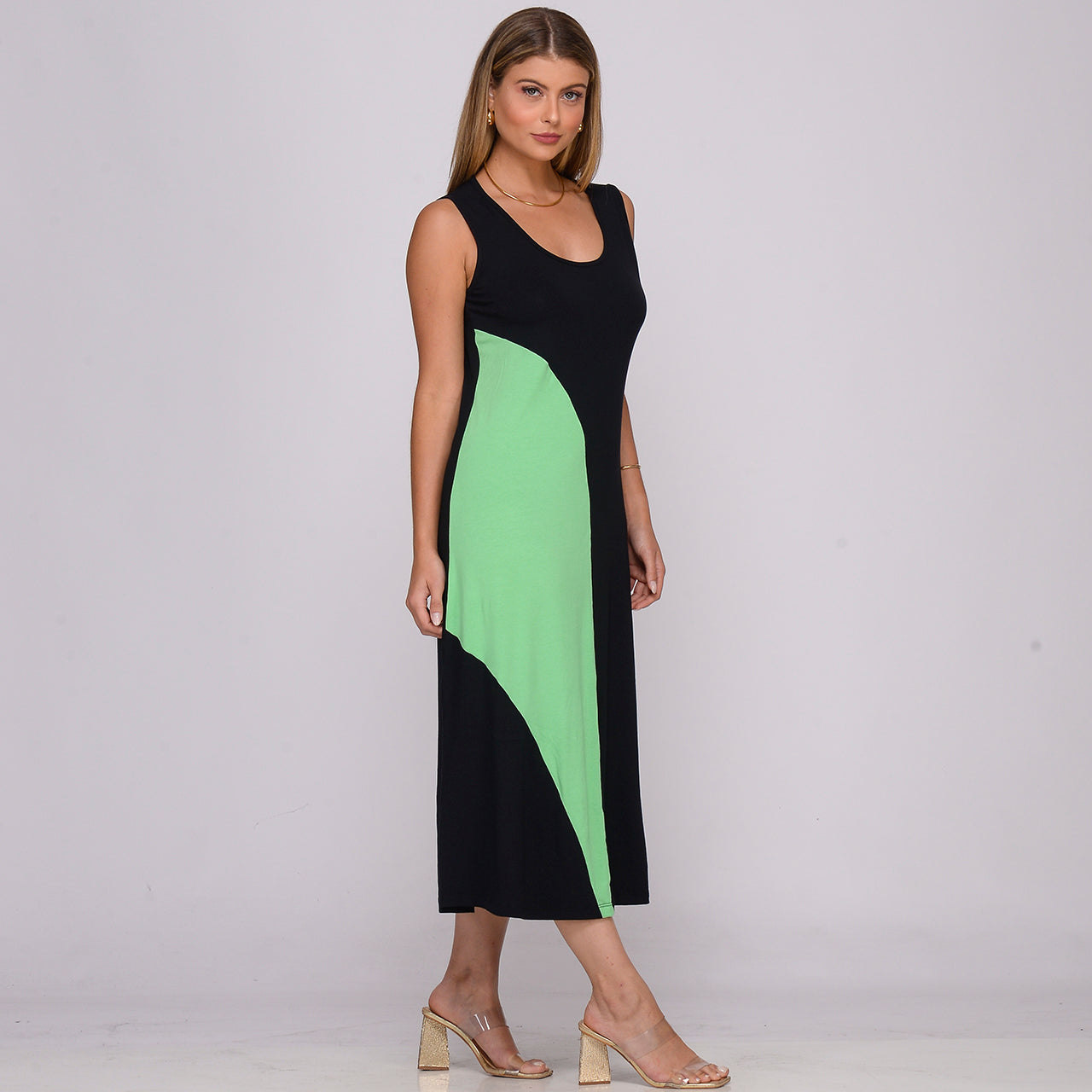 Vestido Midi Alça Larga Regata com Recorte BBonnie Lady Preto/Verde