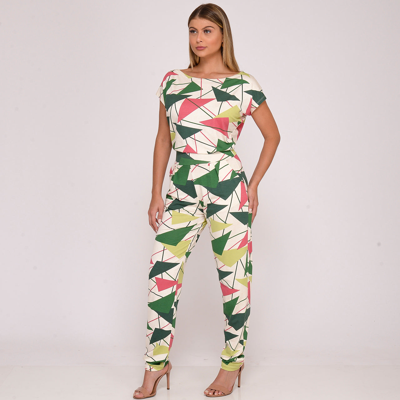 Macacão Longo M/C Decote Canoa BBonnie Mel Geo Verde