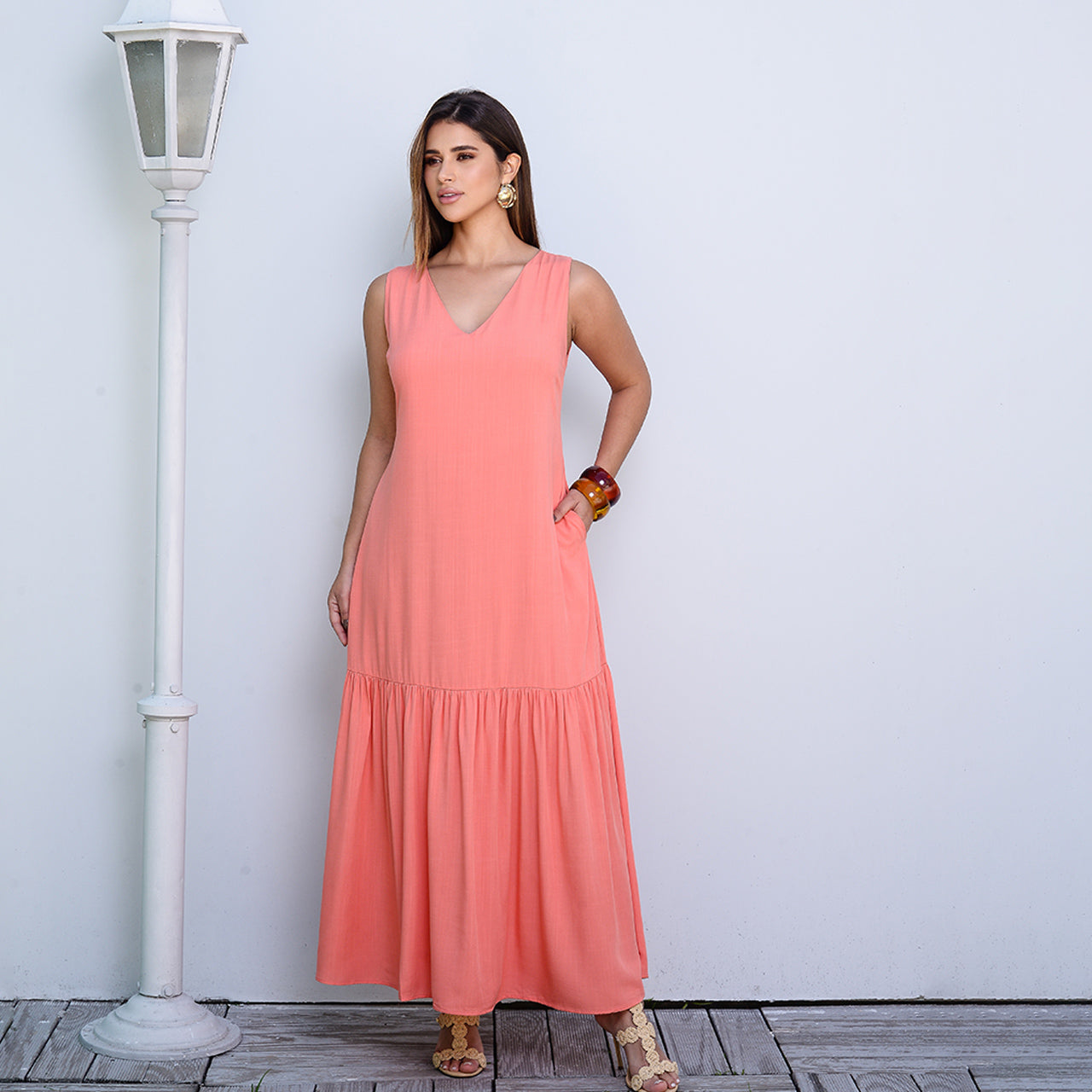 Vestido Longo com Barra Franzida BBonnie Isabelly Coral