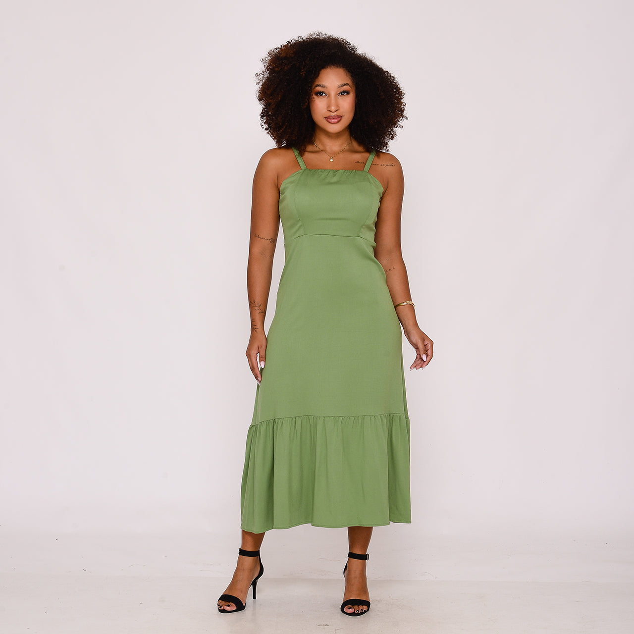 Vestido Midi com Babado na Barra BBonnie Emanuelly Pistache