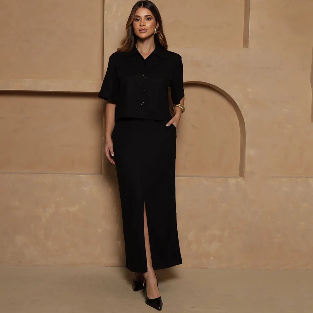 Conjunto Nanda BBonnie Feminino Camisa Cropped e Saia Longa com Linho