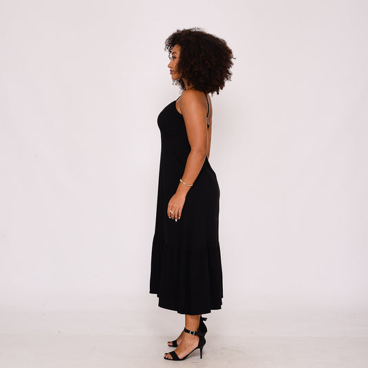 Vestido Midi com Babado na Barra  BBonnie Emanuelly Preto