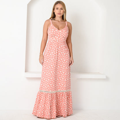 Vestido Longo Alça Barra Guipir com Bojo  BBonnie Sarah Floral Rosa