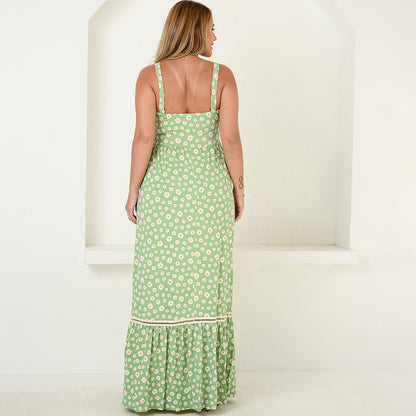 Vestido Longo Alça Barra Guipir com Bojo  BBonnie Sarah Floral Verde