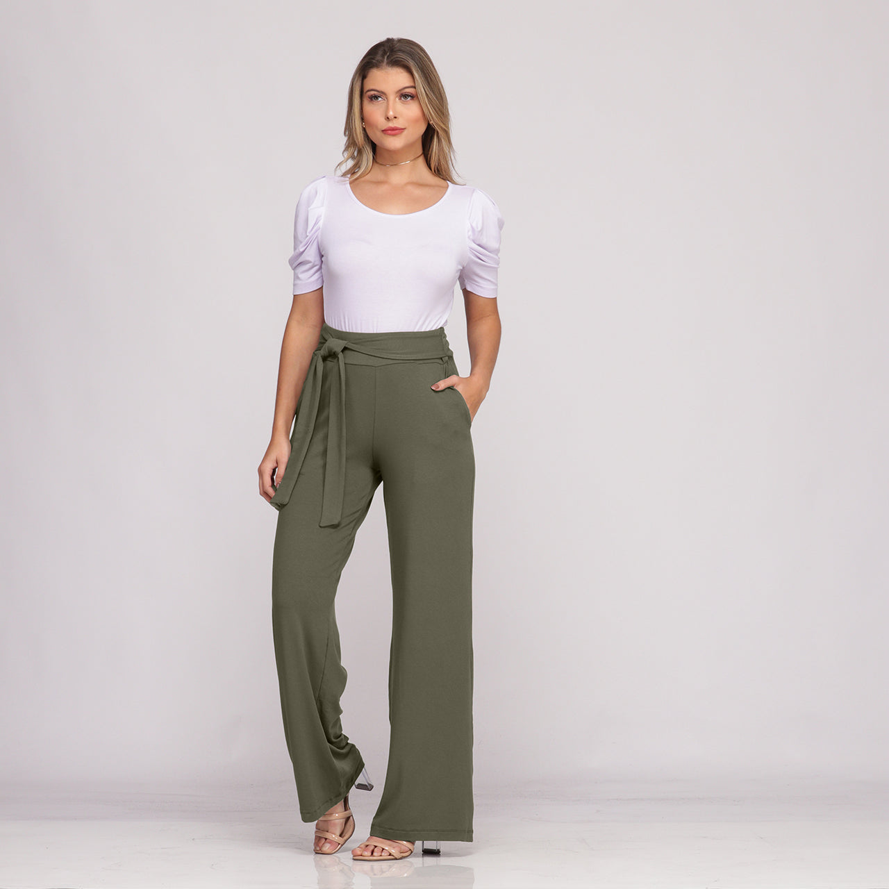 Calça Pantalona Cós largo Bolsos BBonnie Sheila Verde Militar