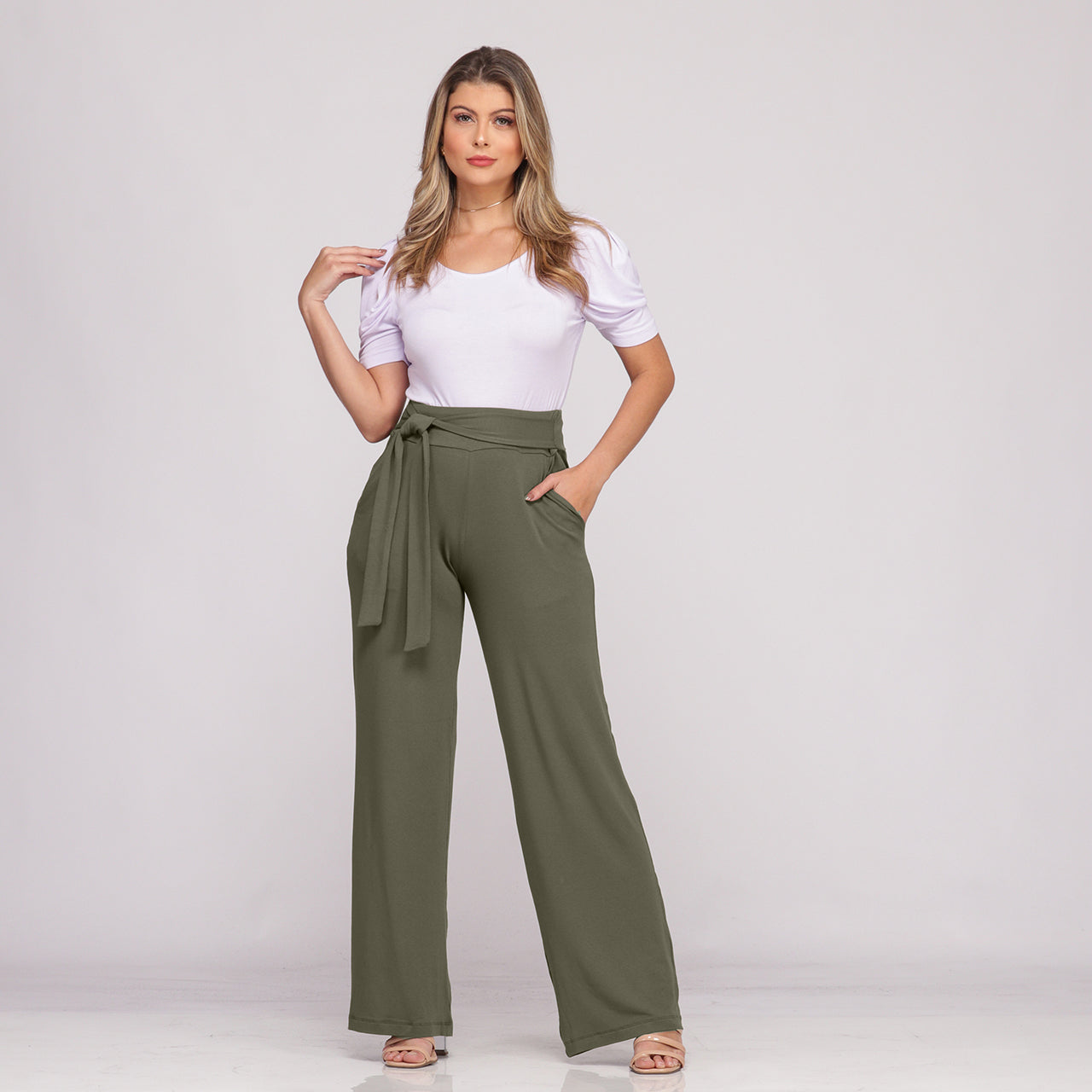 Calça Pantalona Cós largo Bolsos BBonnie Sheila Verde Militar