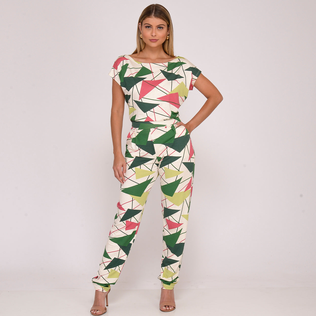 Macacão Longo M/C Decote Canoa  BBonnie Mel Geo Verde