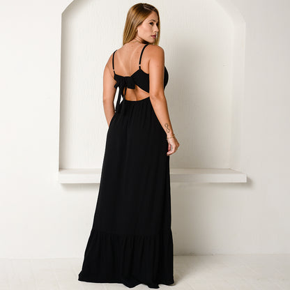 Vestido Longo com Decote nas Costas e Babado  BBonnie Anelise Preto