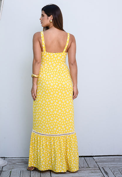 Vestido Longo Alça Barra Guipir com Bojo  BBonnie Sarah Floral Amarelo