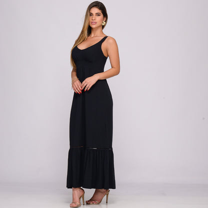 Vestido Longo Alça Barra Guipir com Bojo  BBonnie Sarah Preto