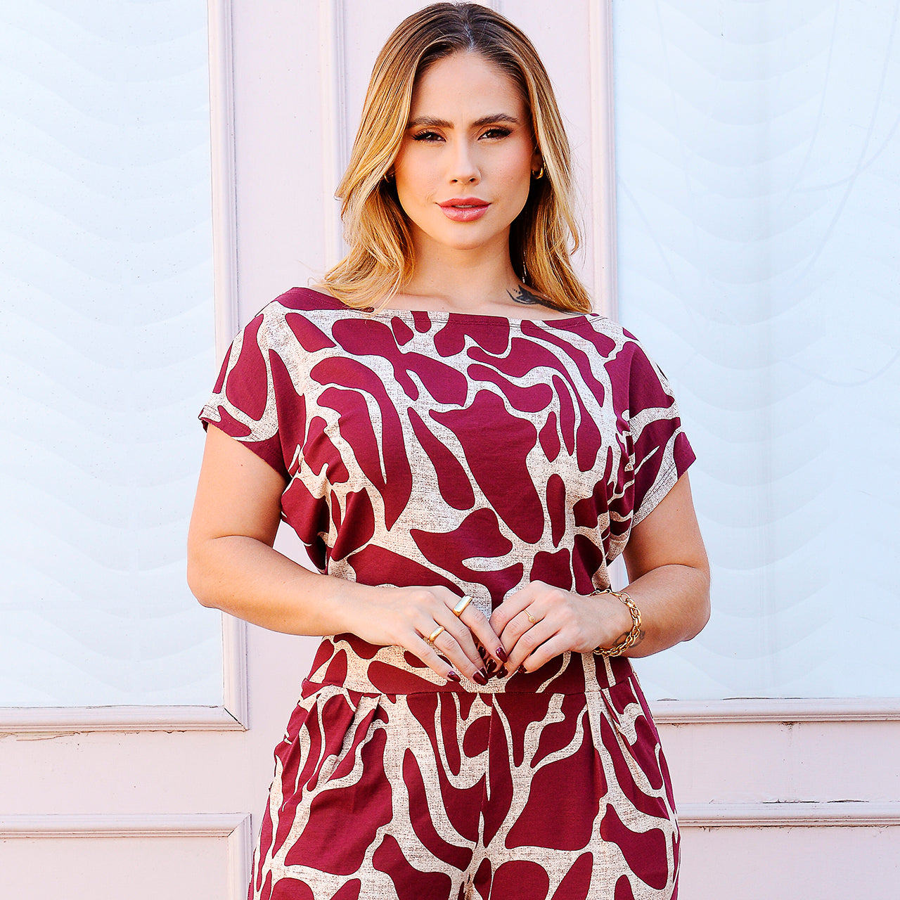 Macacão Longo M/C Decote Canoa  BBonnie Mel Estampados