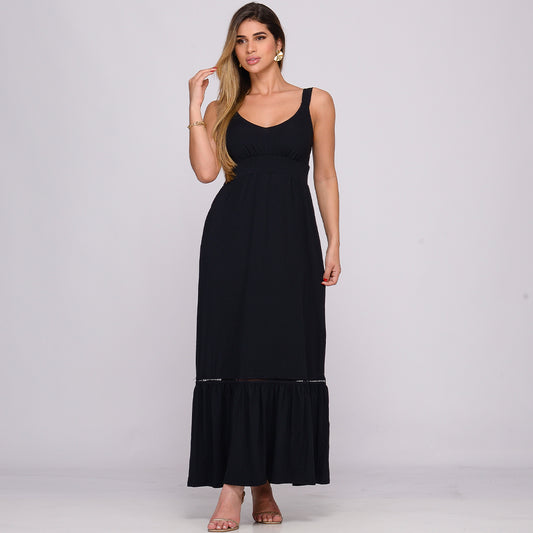 Vestido Longo Alça Barra Guipir com Bojo  BBonnie Sarah Preto