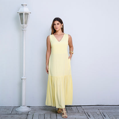 Vestido Longo com Barra Franzida BBonnie Isabelly Amarelo