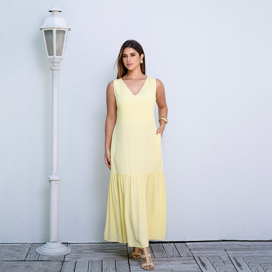 Vestido Longo com Barra Franzida BBonnie Isabelly Amarelo