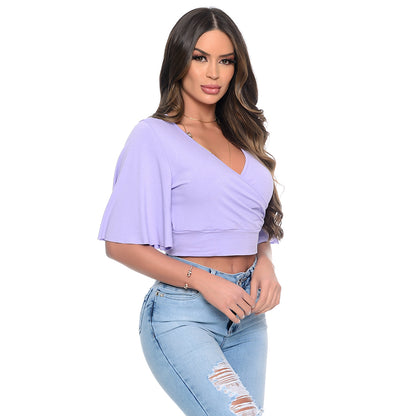 Cropped Manga Flare 3/4 Decote V BBonnie Fiore Preto