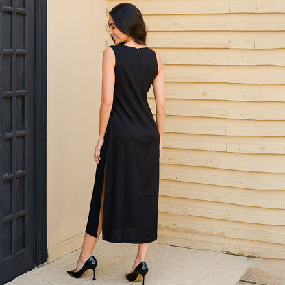 Vestido Midi Alça Larga com Fendas  BBonnie Alice Preto