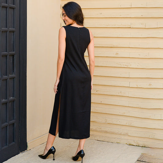 Vestido Midi Alça Larga com Fendas  BBonnie Alice Preto