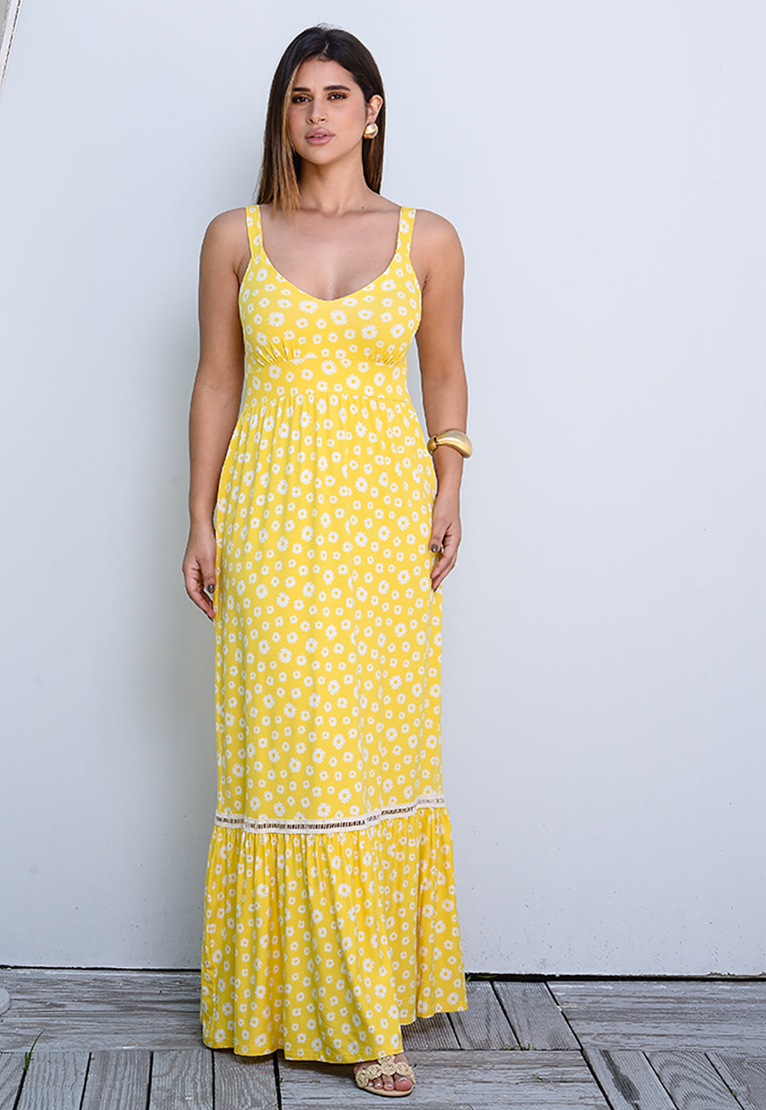 Vestido Longo Alça Barra Guipir com Bojo  BBonnie Sarah Floral Amarelo