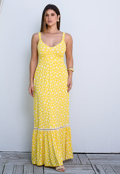 Vestido Longo Alça Barra Guipir com Bojo  BBonnie Sarah Floral Amarelo