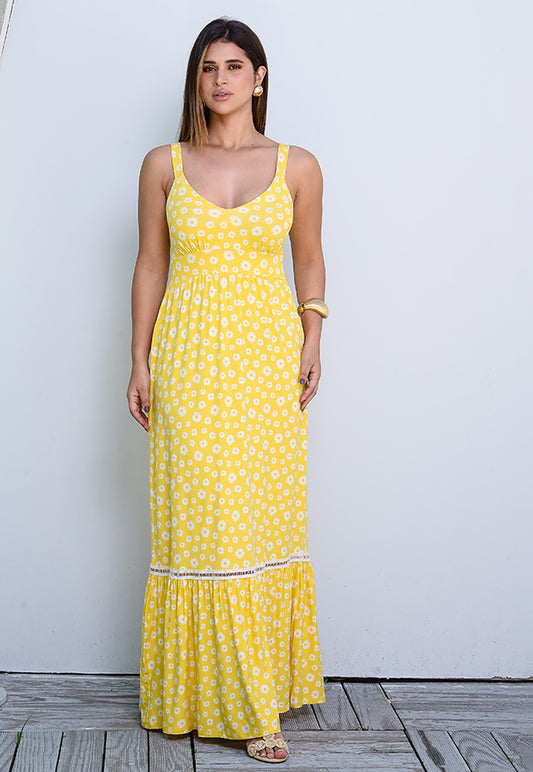 Vestido Longo Alça Barra Guipir com Bojo  BBonnie Sarah Floral Amarelo