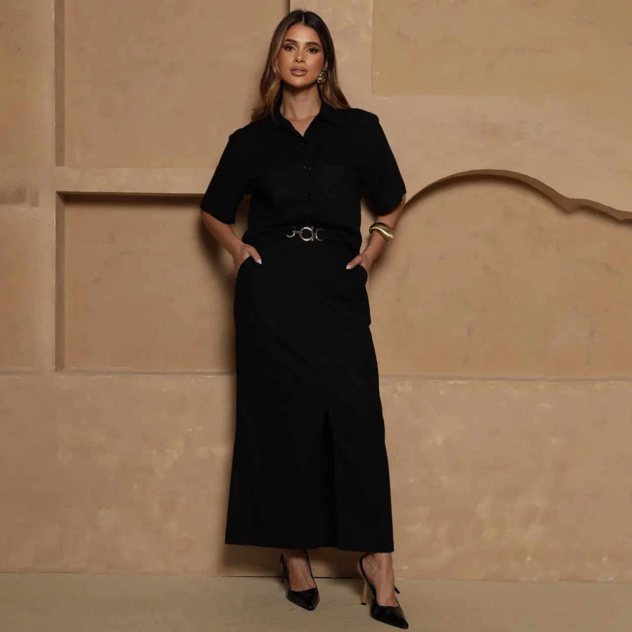 Conjunto Nanda BBonnie Feminino Camisa Cropped e Saia Longa com Linho
