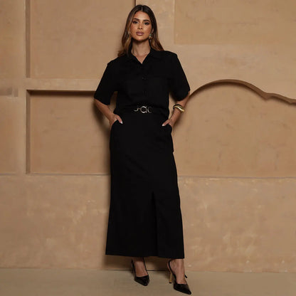 Conjunto Nanda BBonnie Feminino Camisa Cropped e Saia Longa com Linho