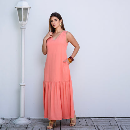 Vestido Longo com Barra Franzida BBonnie Isabelly Coral