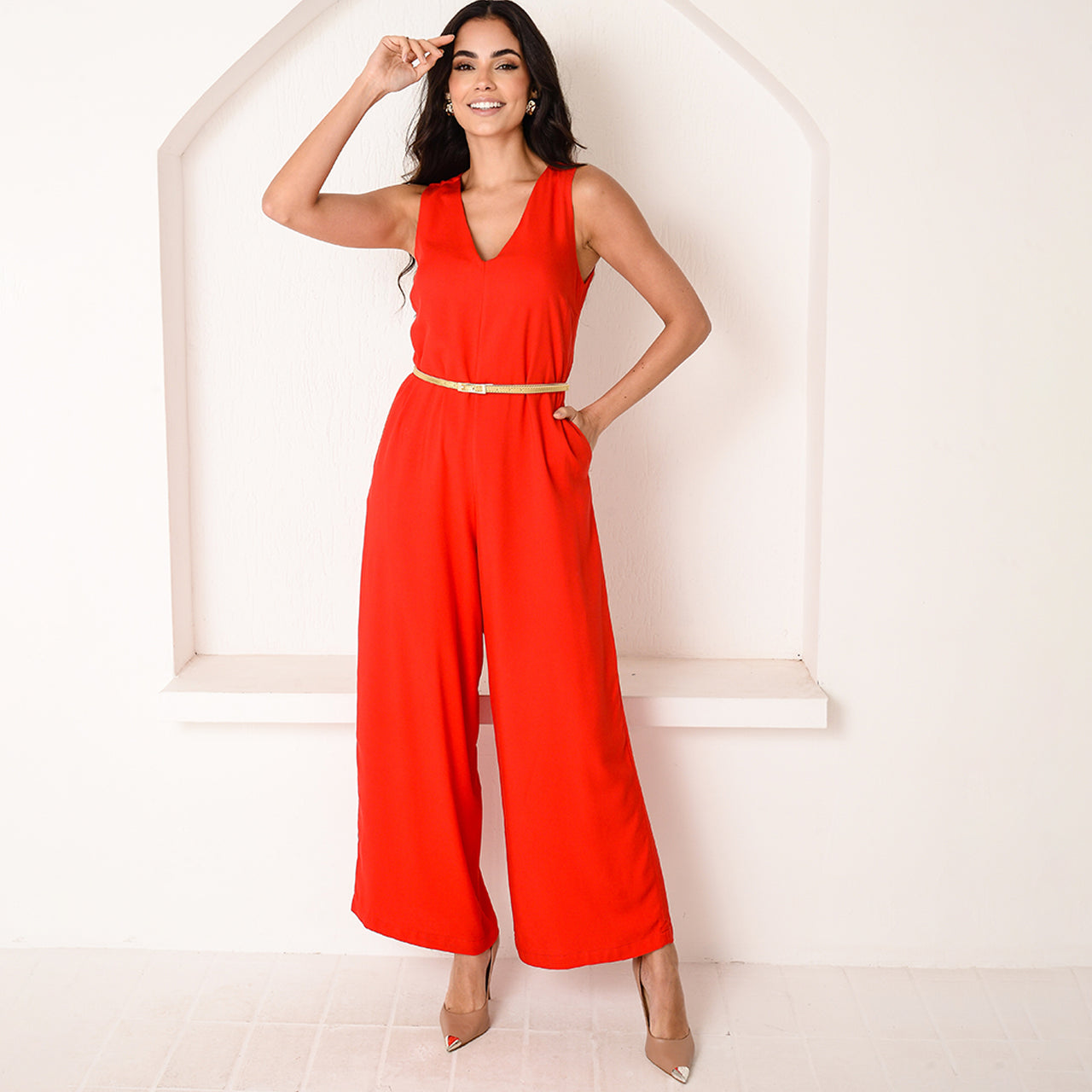 Macacão Pantalona Decote V  BBonnie Bianca Bege