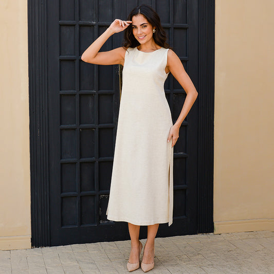 Vestido Midi Alça Larga com Fendas  BBonnie Alice Bege