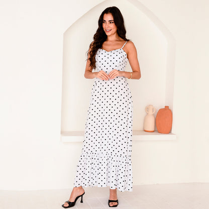 Vestido Longo com Decote nas Costas e Babado  BBonnie Anelise Poá B'Bonnie