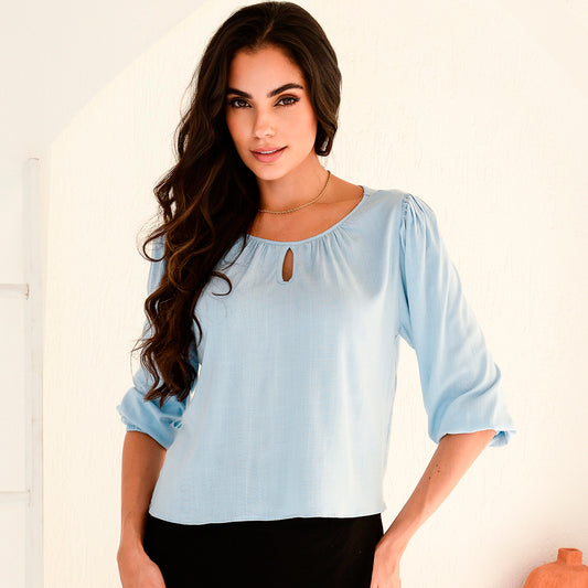 Blusa Manga 7/8 Detalhe na Gola BBonnie Telma Azul