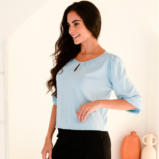 Blusa Manga 7/8 Detalhe na Gola BBonnie Telma Azul