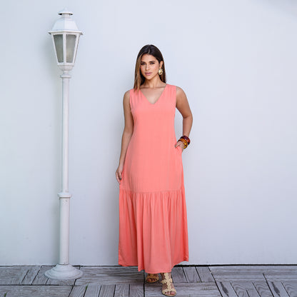 Vestido Longo com Barra Franzida BBonnie Isabelly Coral