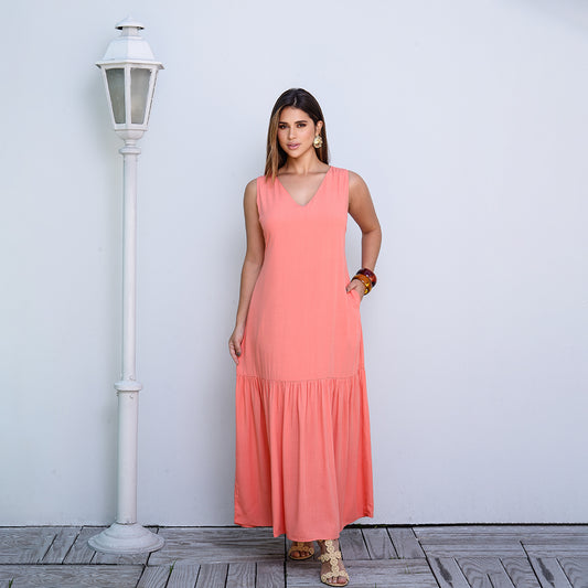 Vestido Longo com Barra Franzida BBonnie Isabelly Coral