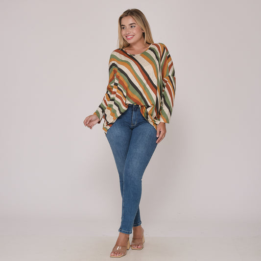 Blusa Quadrada M/L Decote Canoa BBonnie Helô Listra Bege