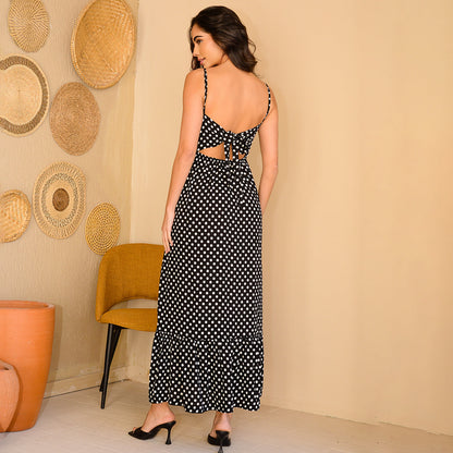 Vestido Longo com Decote nas Costas e Babado  BBonnie Anelise Poá B'Bonnie