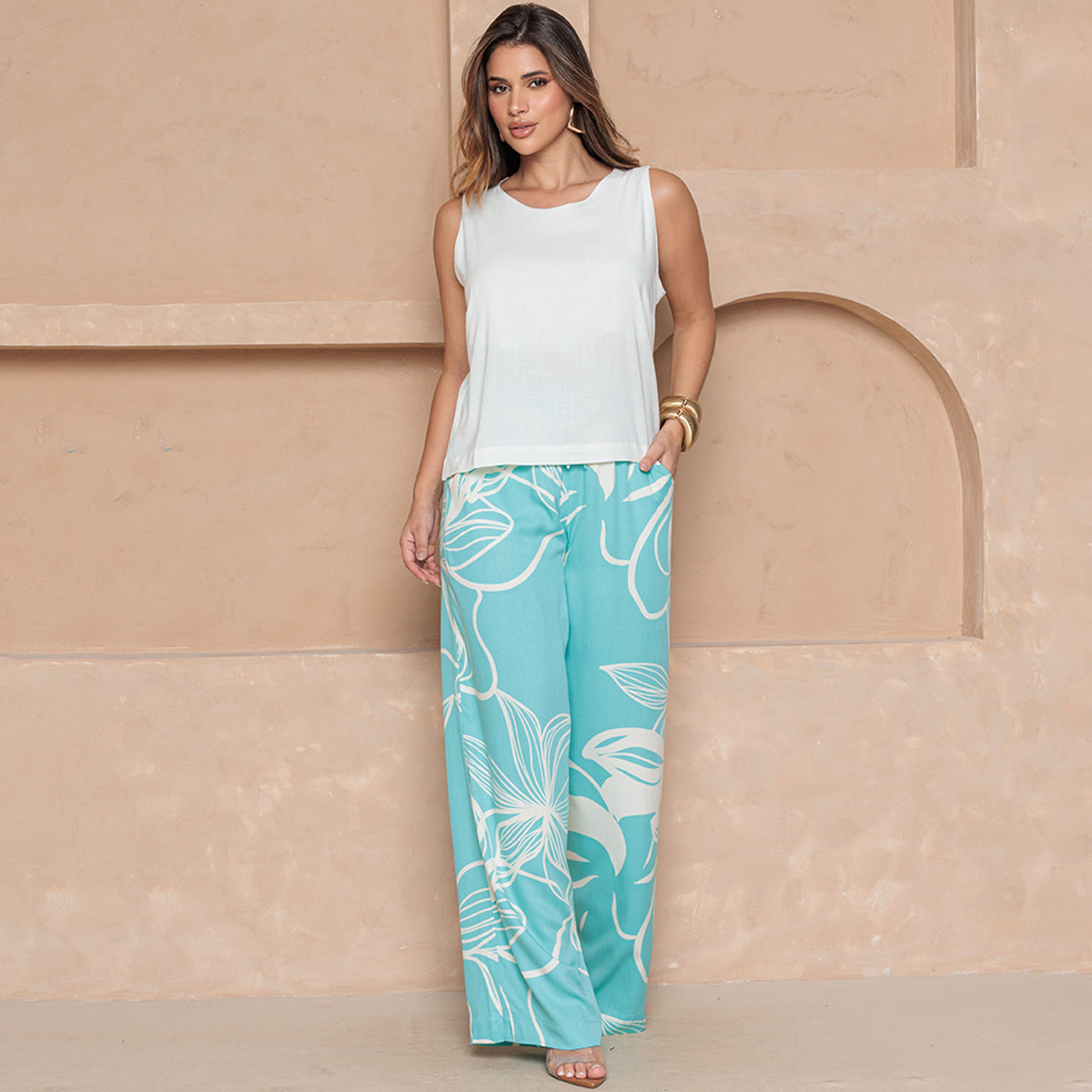 Calça Pantalona em Viscose BBonnie Manu Estampa Jade B'Bonnie