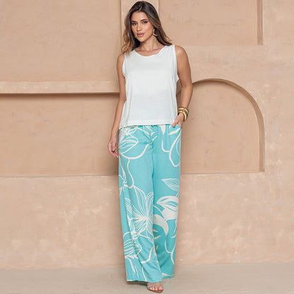 Calça Pantalona em Viscose BBonnie Manu Estampa Jade B'Bonnie