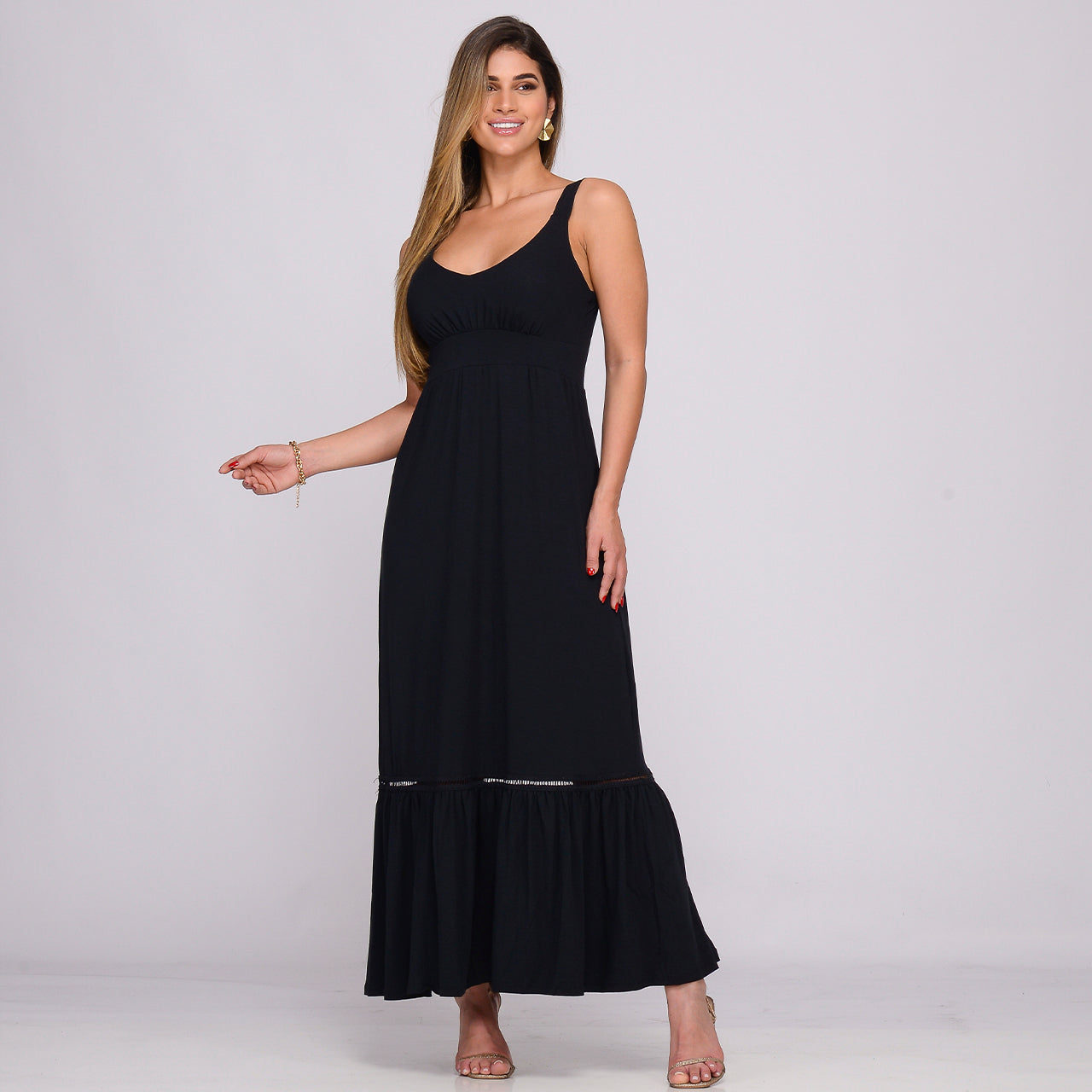Vestido Longo Alça Barra Guipir com Bojo  BBonnie Sarah Preto