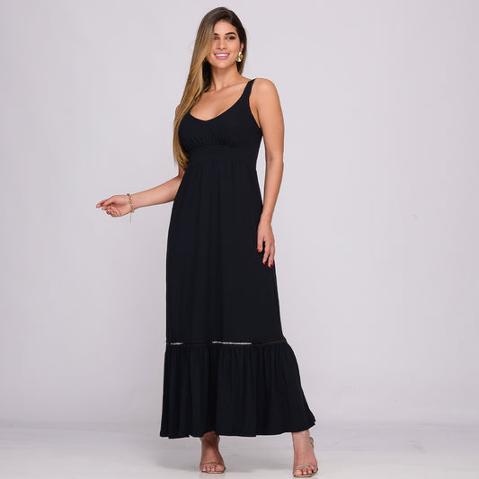 Vestido Longo Alça Barra Guipir com Bojo  BBonnie Sarah Preto