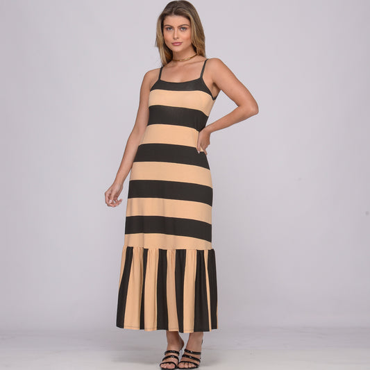 Vestido Longo de Alças Finas e Barra Rodada  BBonnie Muriel Listra Bege