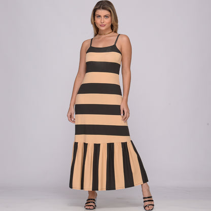 Vestido Longo de Alças Finas e Barra Rodada  BBonnie Muriel Listra Bege